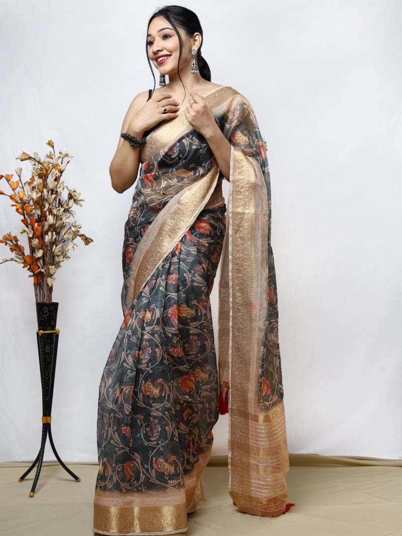 Cape Cod Grey Organza Kalamkari Printed with Sequins Jacquard Woven Saree