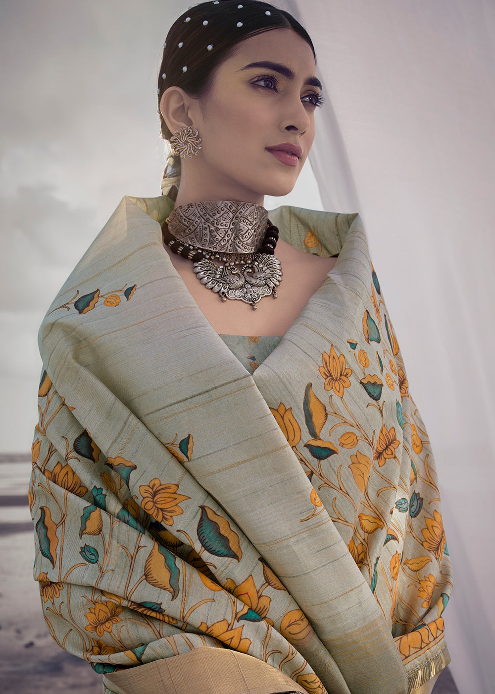 Nomad Grey Printed Designer Silk Saree