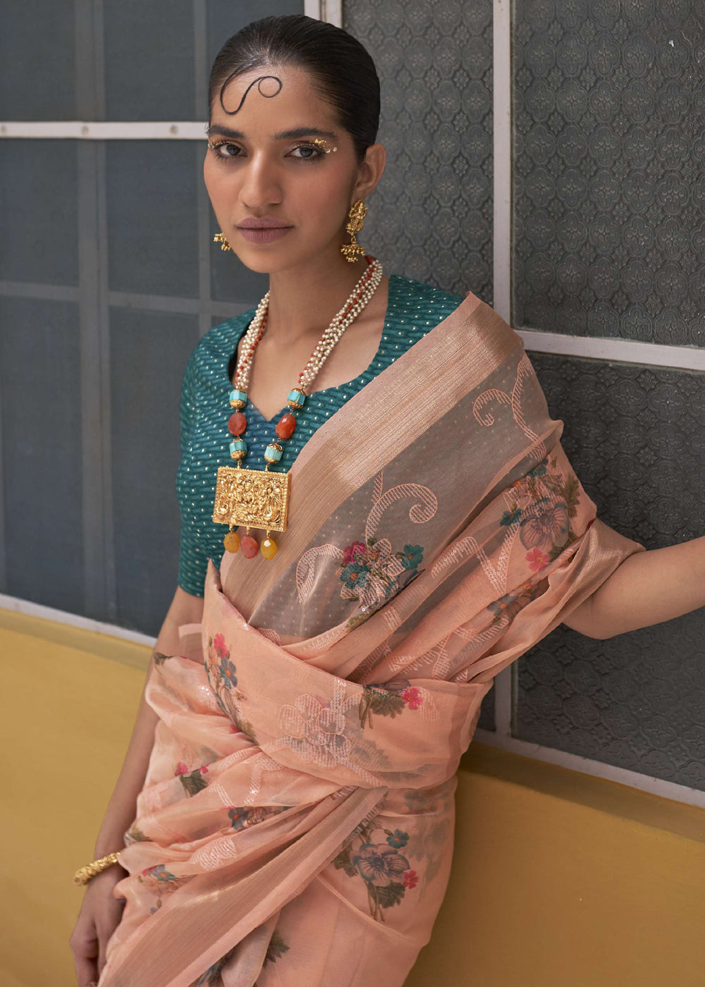 Peach Orange Digital Print Organza Silk Saree