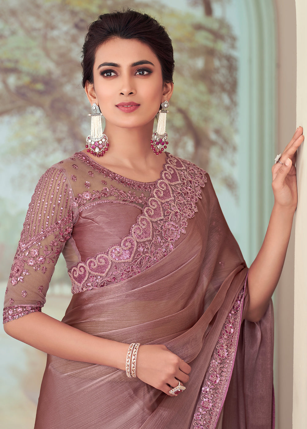 Pink Pearl Designer Embroidered Satin Silk Saree