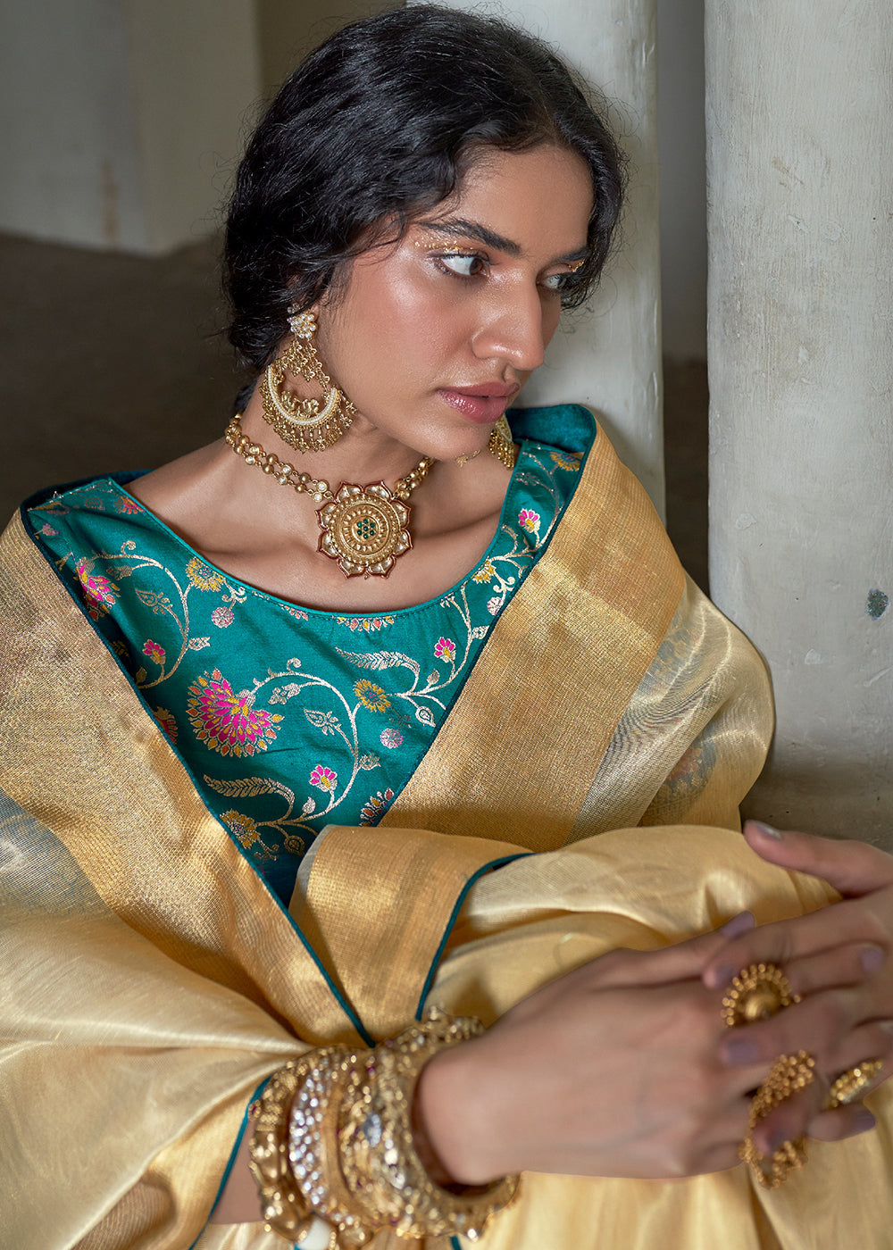 Gold Sand Cream Soft Tissue Organza Silk Saree