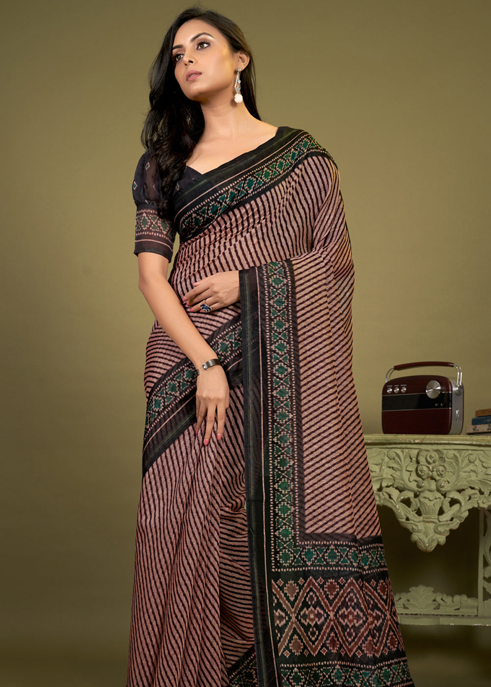 Licorice Brown Cotton Patola Printed Silk Saree