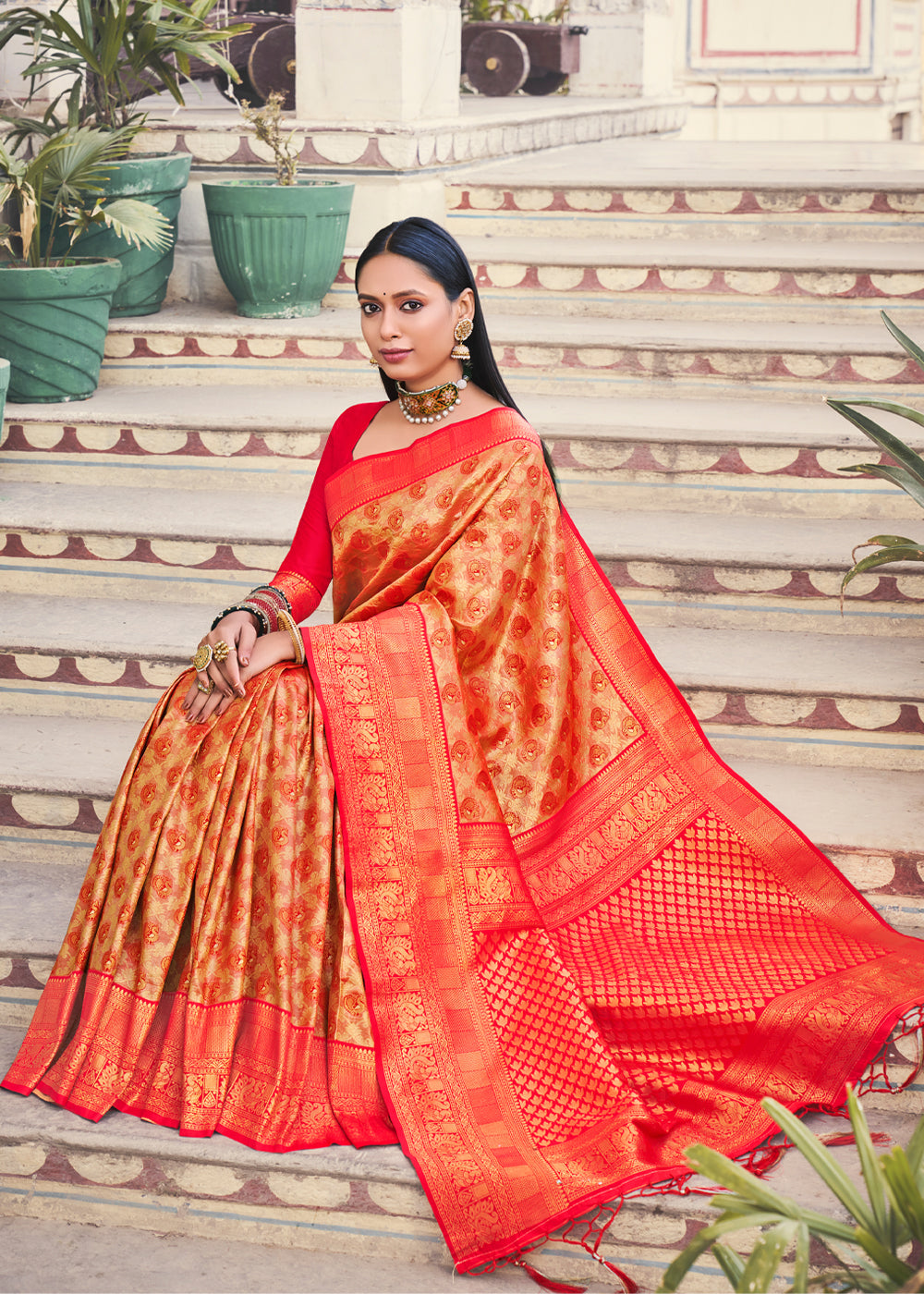 Coral Red Woven Kanjivaram Silk Saree