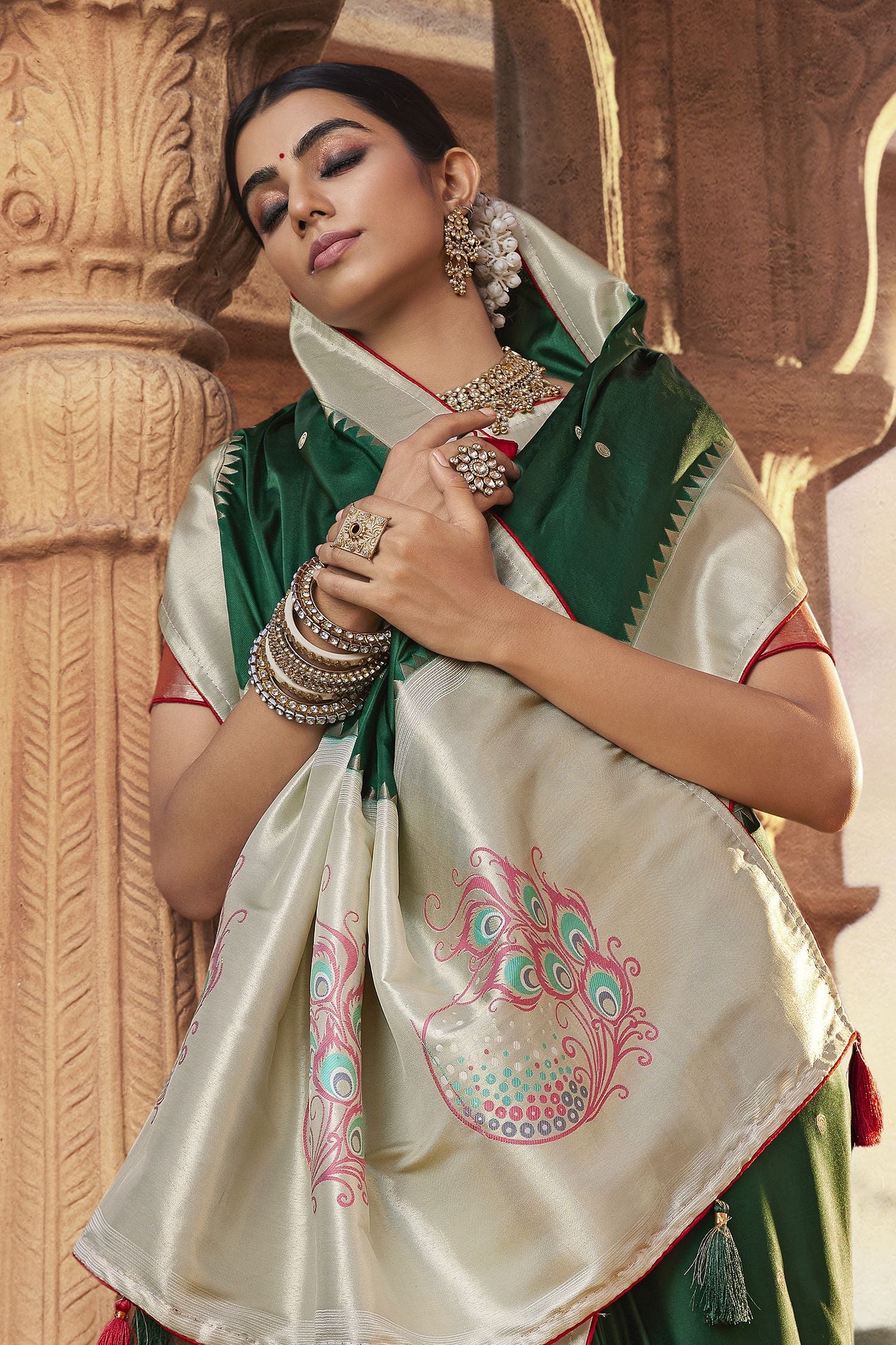 Kelp Green Designer Banarasi Satin Silk Saree