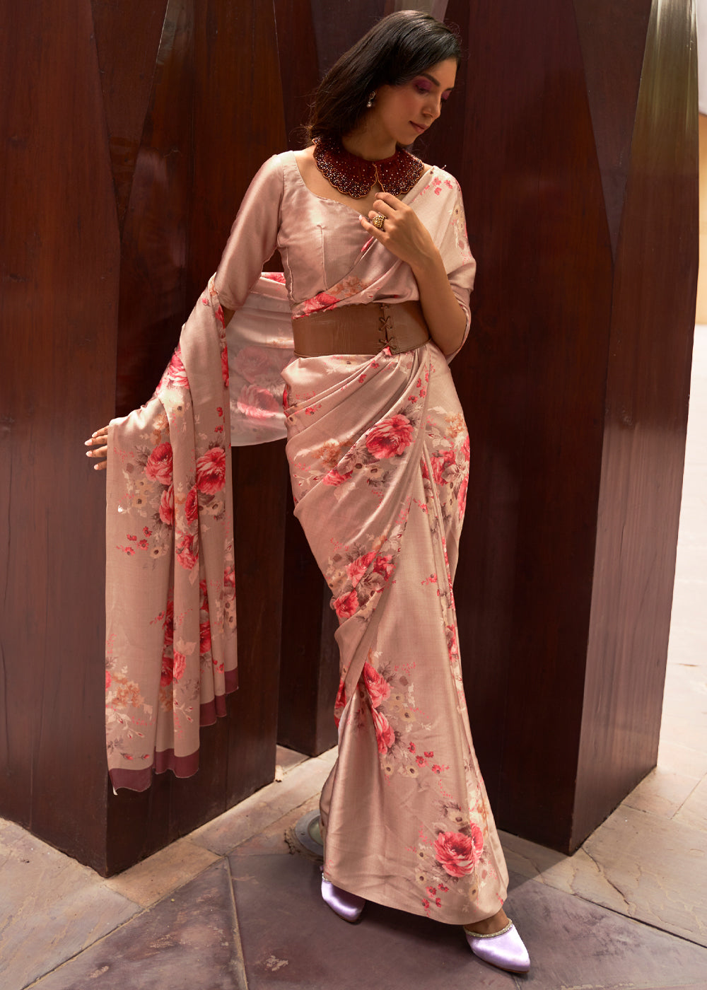 Tonys Peach Floral Printed Satin Silk Saree