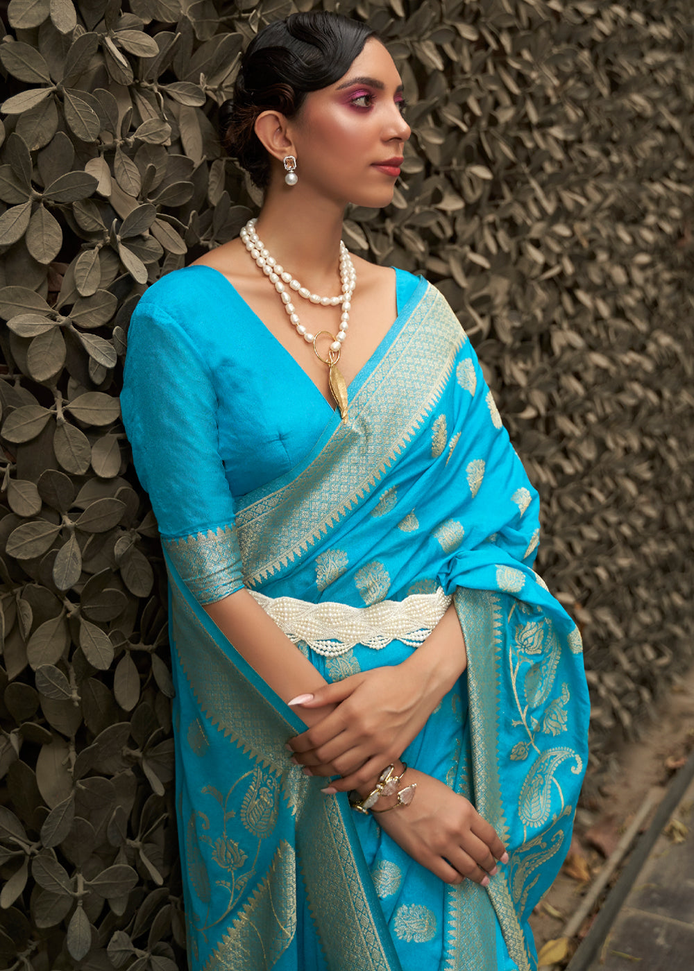 Bright Turquoise Blue Woven Banarasi Chiffon Saree