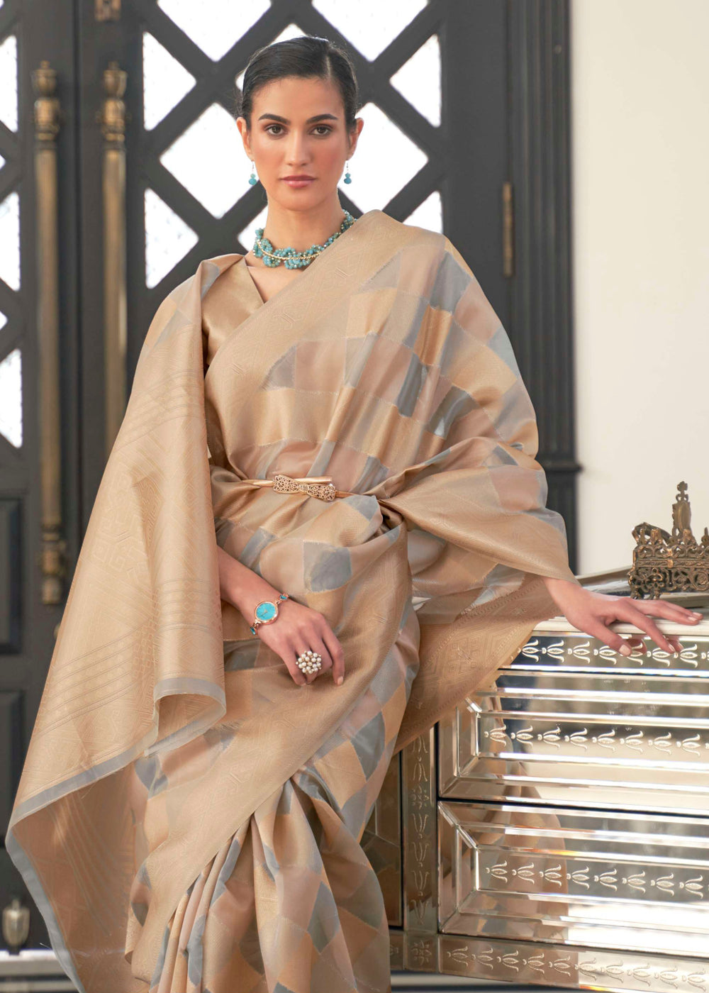 Mist Golden and Grey Woven Organza Banarasi Silk Saree