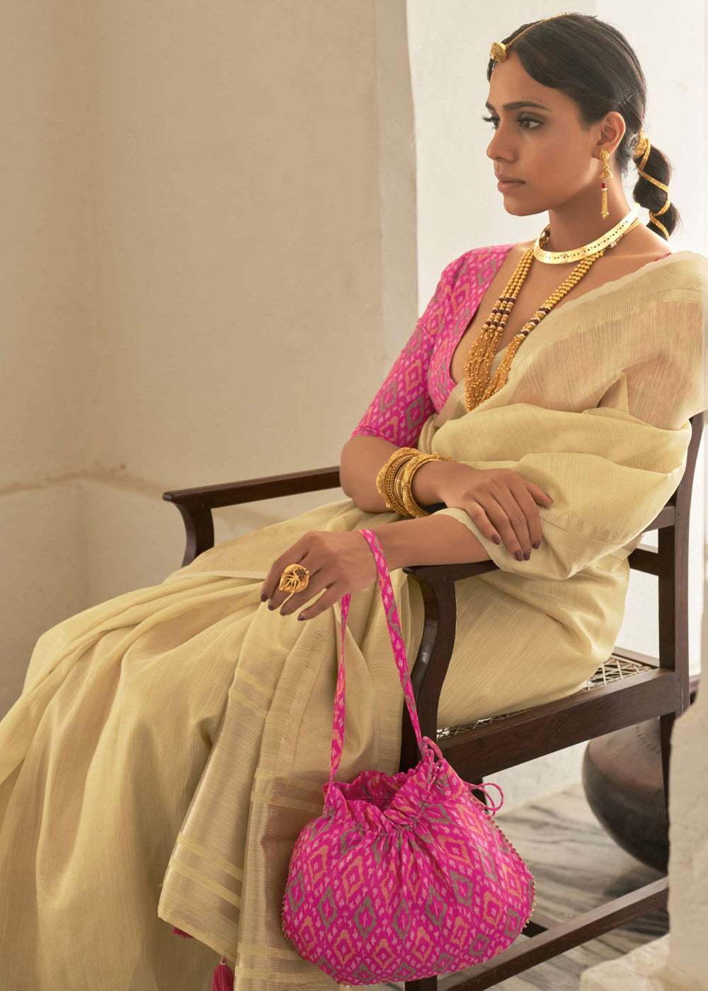 Laser Yellow and pink Organza Silk Saree