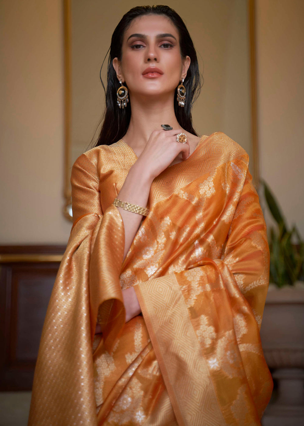 Mandarin Orange Woven Organza Banarasi Silk Saree