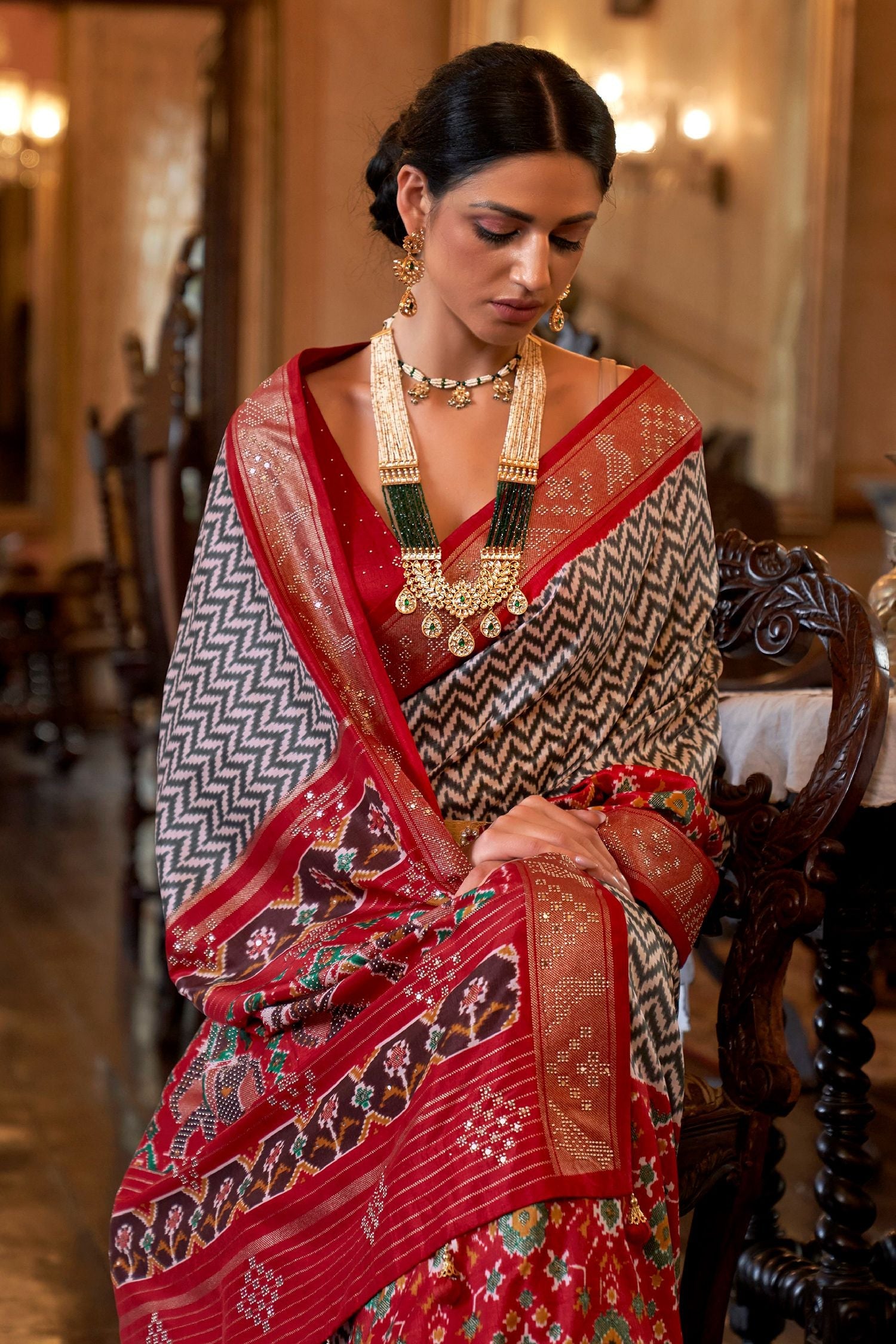 Kabul Grey White and Red Handloom Patola Silk Saree