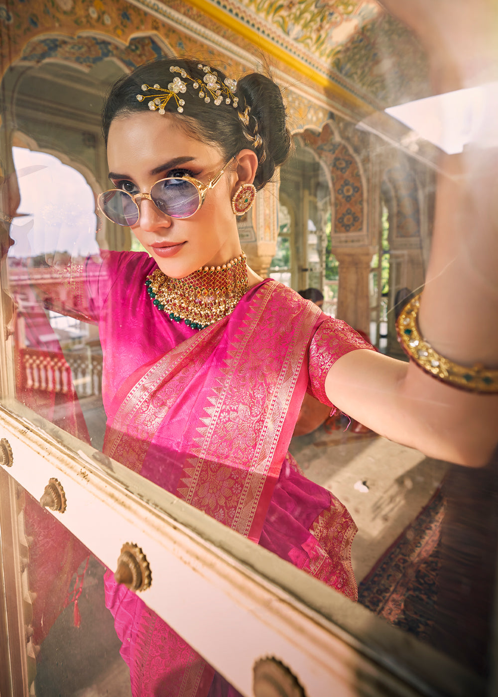 Persian Rose Pink Woven Banarasi Satin Silk Saree