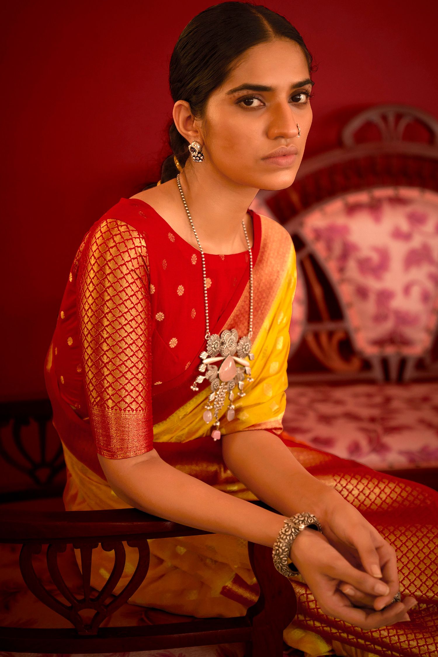 My Sin Yellow and Red Woven Banarasi Woven Silk Saree