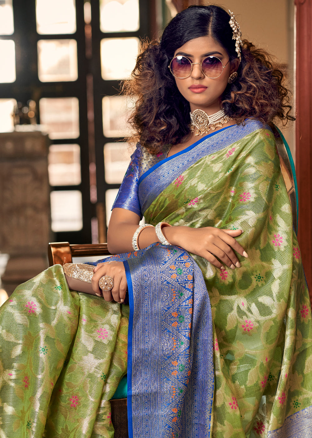 Sycamore Green and Blue Woven Banarasi Organza Silk Saree