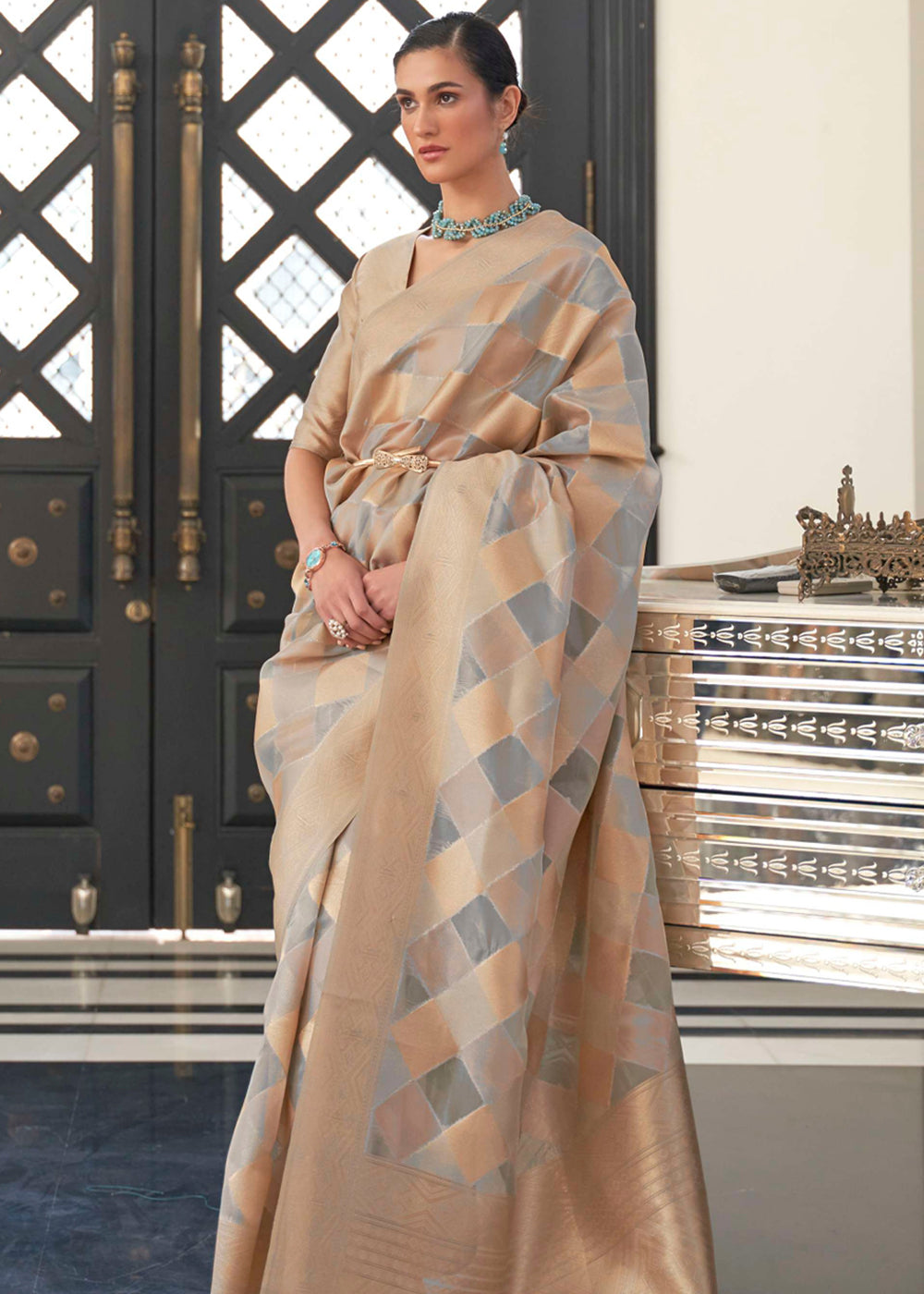 Mist Golden and Grey Woven Organza Banarasi Silk Saree