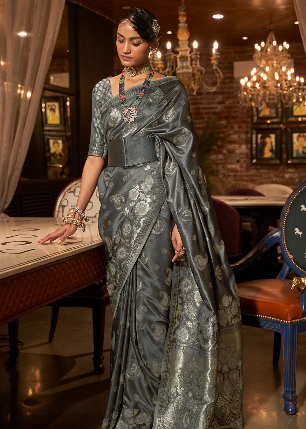 Flint Grey Banarasi Woven Satin Silk Saree