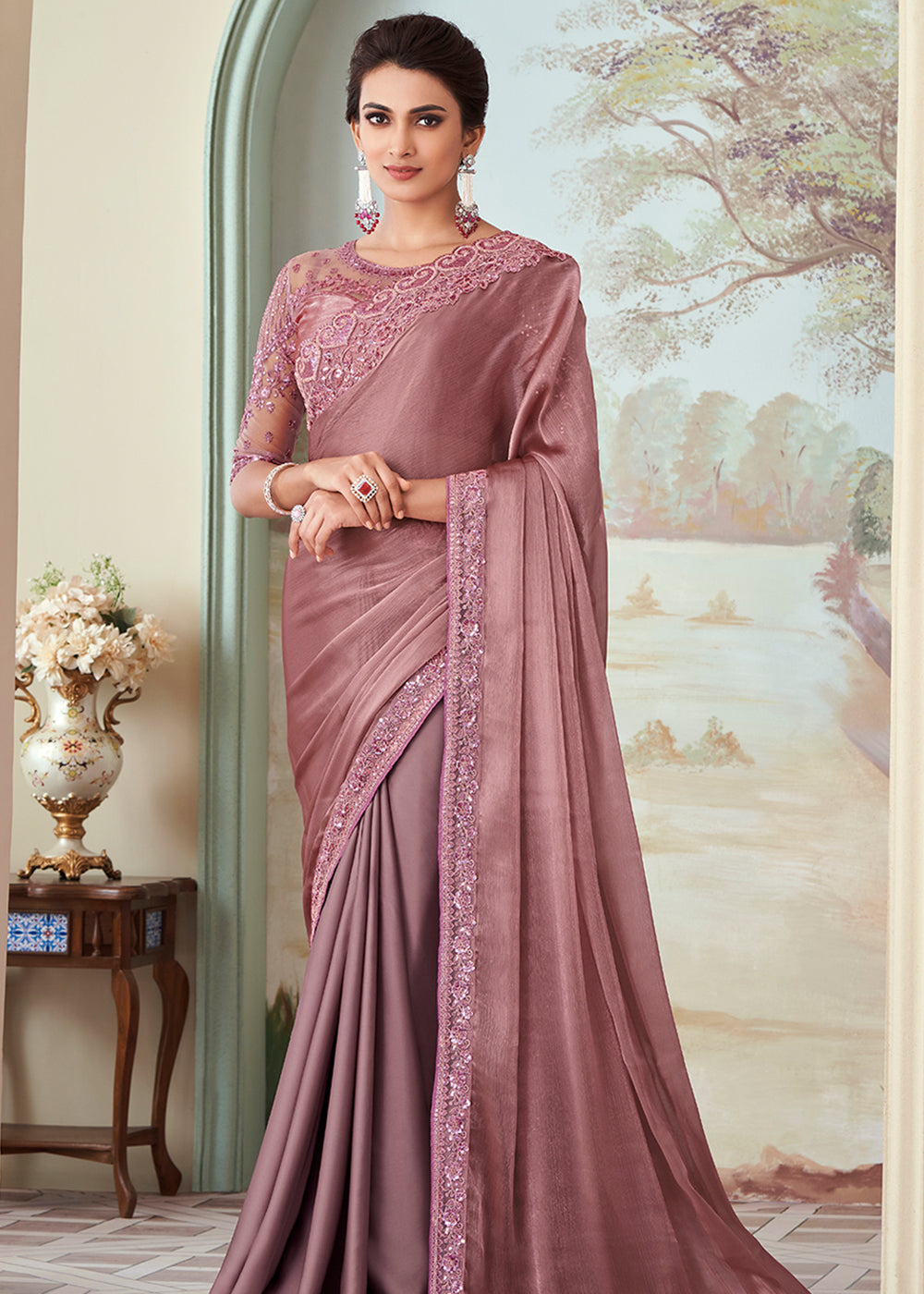 Pink Pearl Designer Embroidered Satin Silk Saree