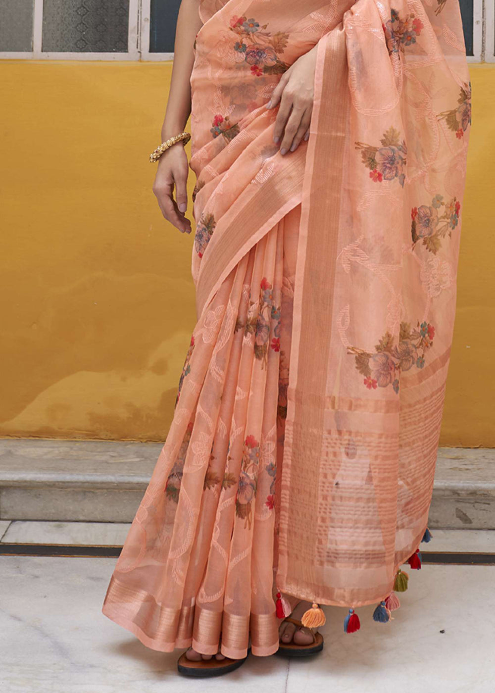 Peach Orange Digital Print Organza Silk Saree