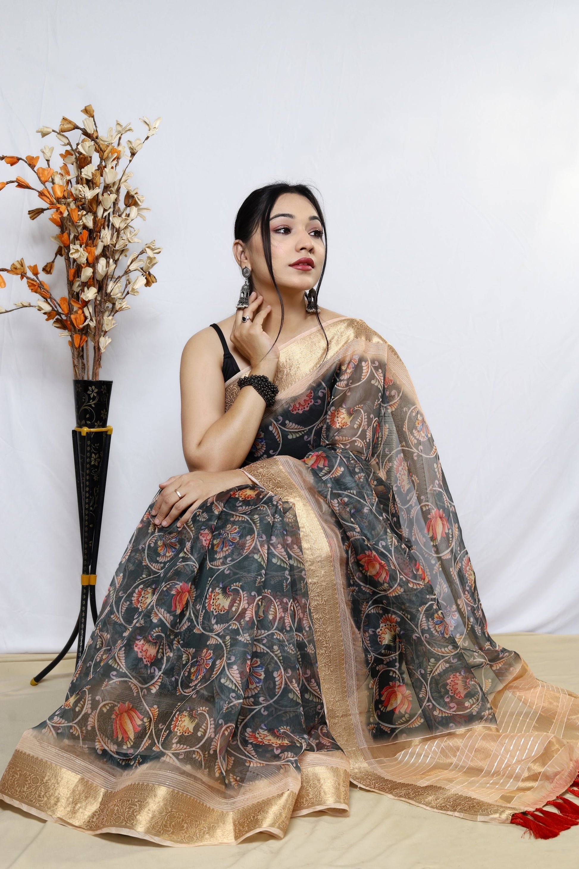 Cape Cod Grey Organza Kalamkari Printed with Sequins Jacquard Woven Saree