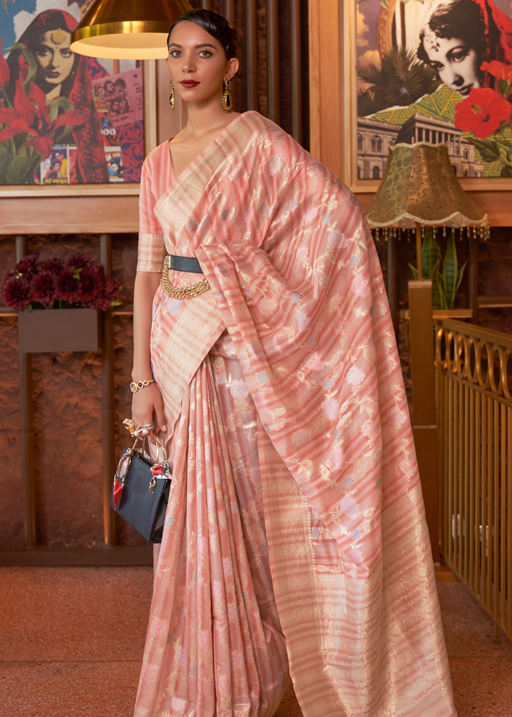 Eunry Pink Woven Linen Silk Saree