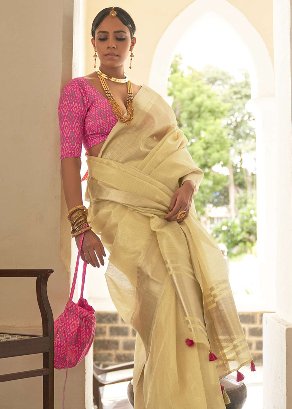 Laser Yellow and pink Organza Silk Saree