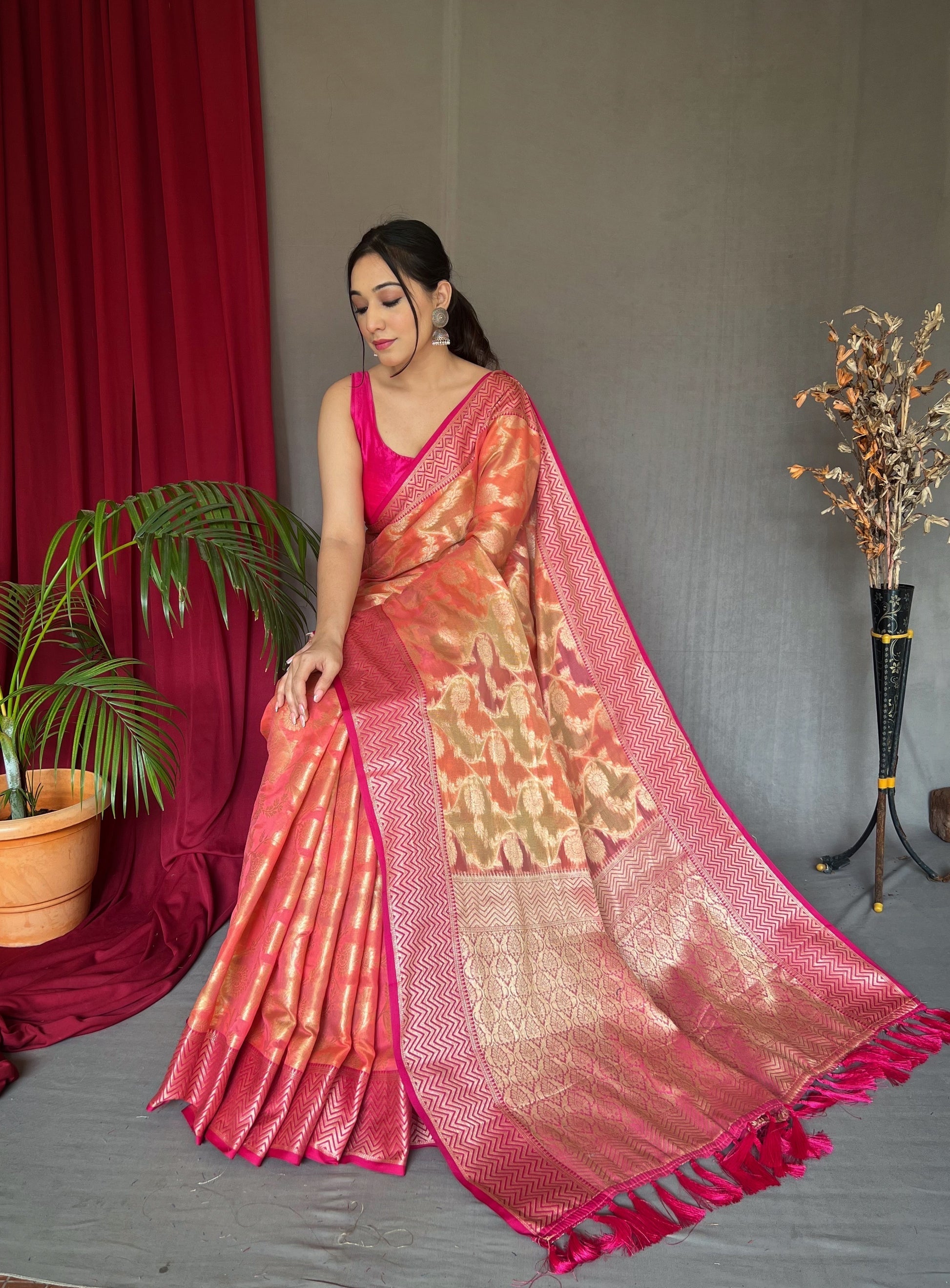 Dark Peach Woven Organza Silk Saree