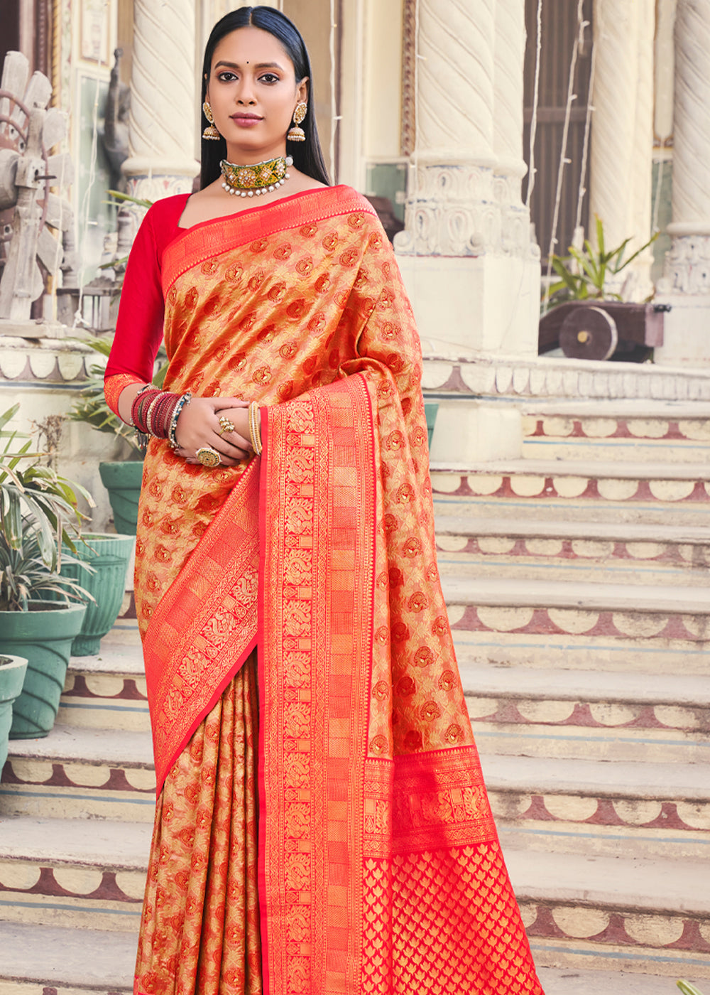 Coral Red Woven Kanjivaram Silk Saree