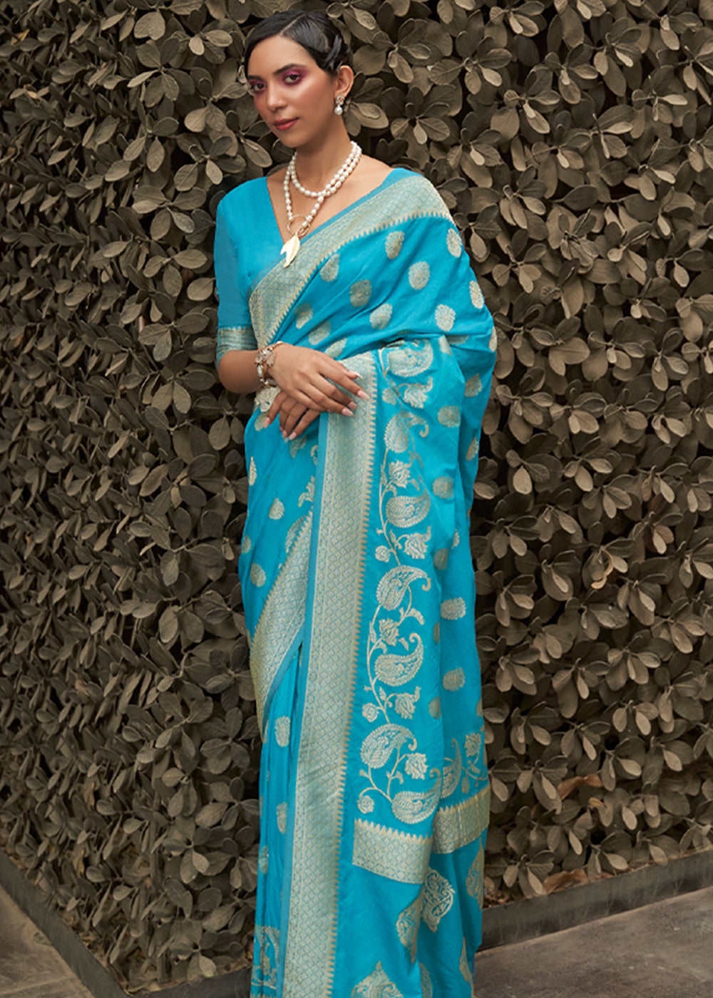 Bright Turquoise Blue Woven Banarasi Chiffon Saree