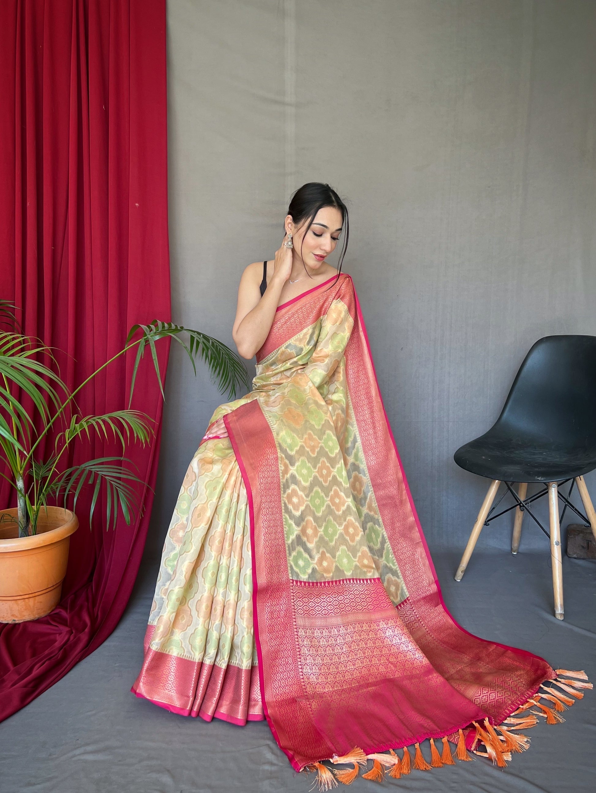 Sapling Yellow Woven Organza Silk Saree