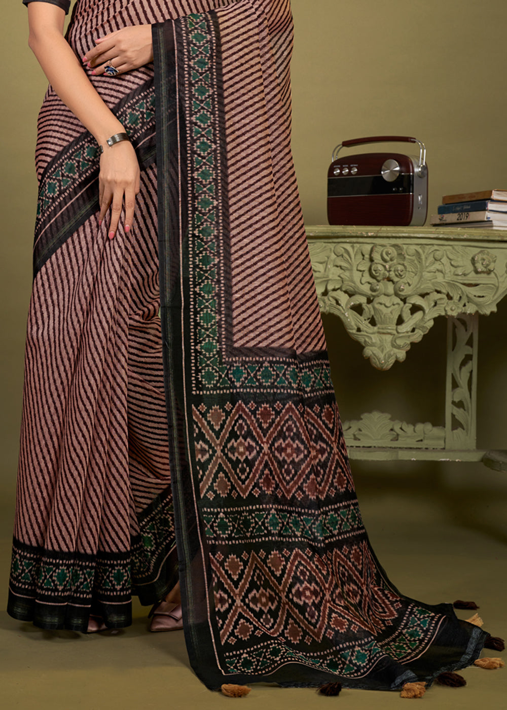 Licorice Brown Cotton Patola Printed Silk Saree