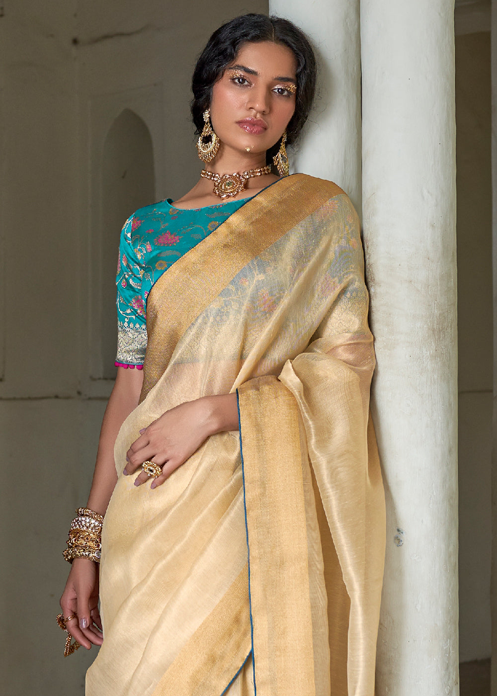 Gold Sand Cream Soft Tissue Organza Silk Saree