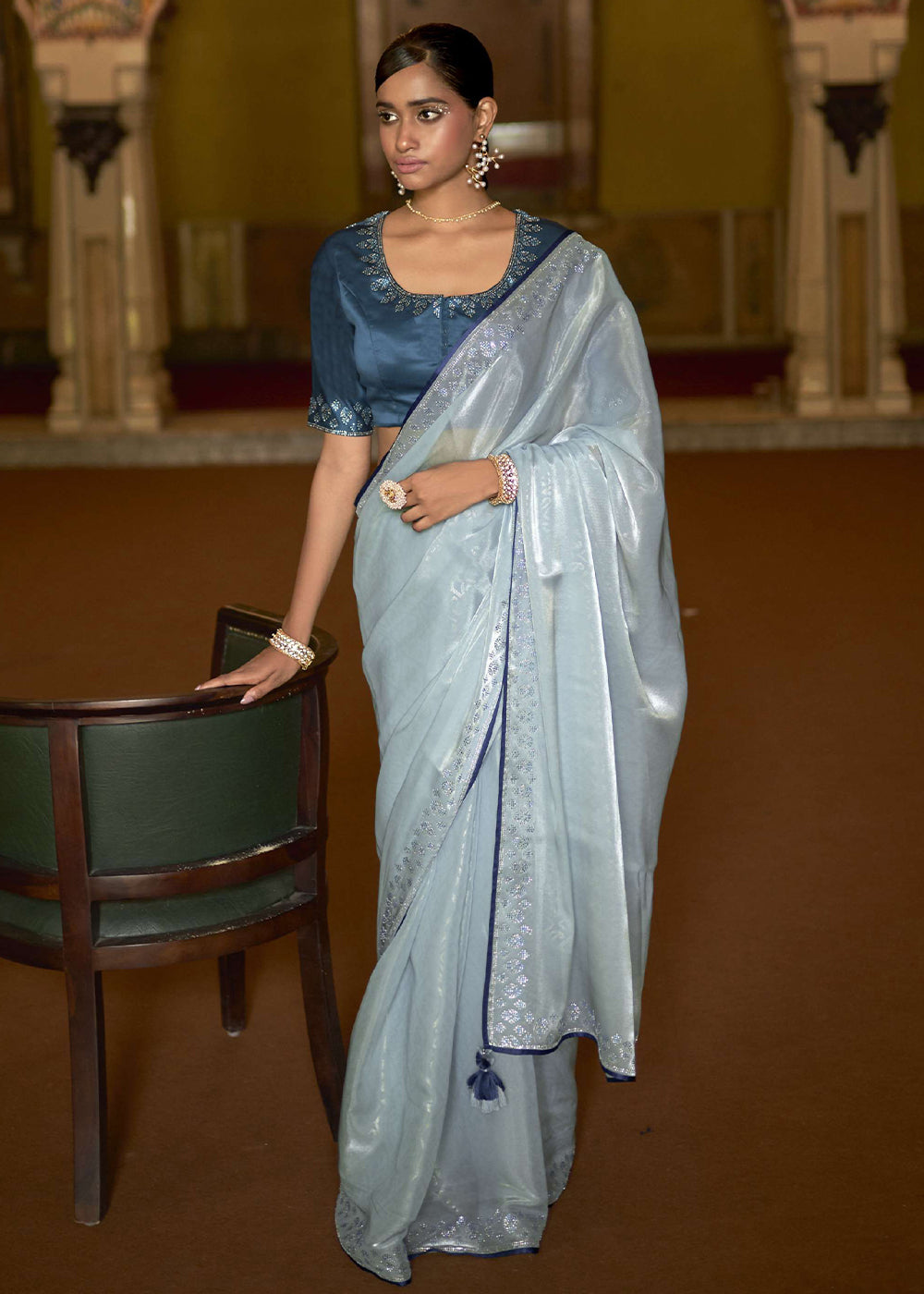 Submarine Blue Organza Woven Silk Saree