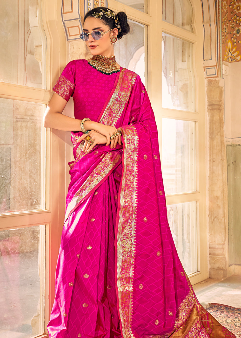 Persian Rose Pink Woven Banarasi Satin Silk Saree