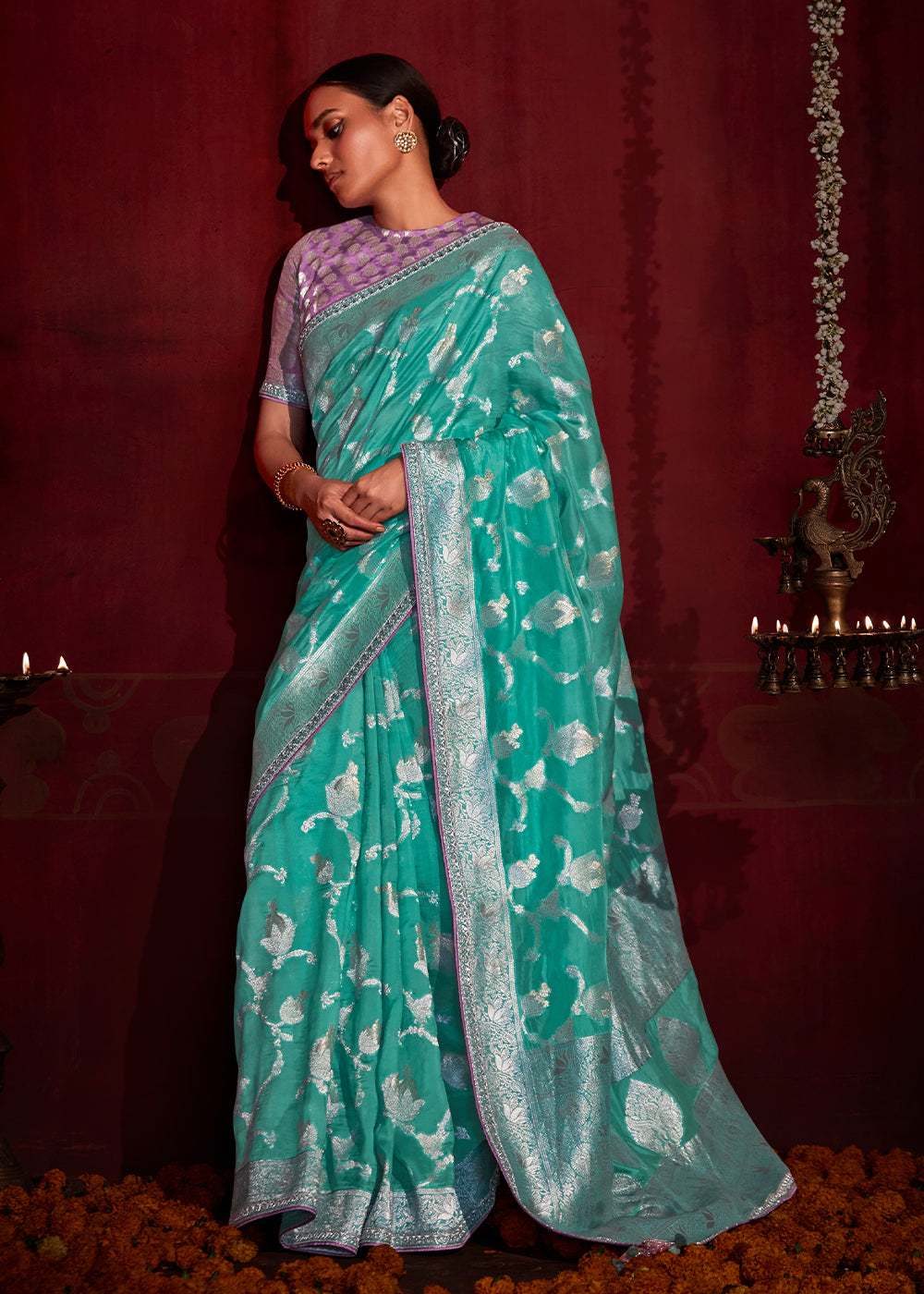 Mountain Meadow Blue Woven Banarasi Georgette Silk Saree