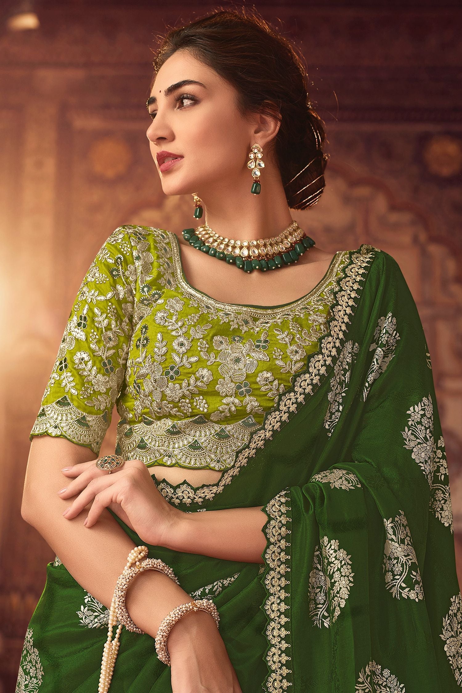 Woodland Green Organza Woven Silk Saree with Peacock Motifs