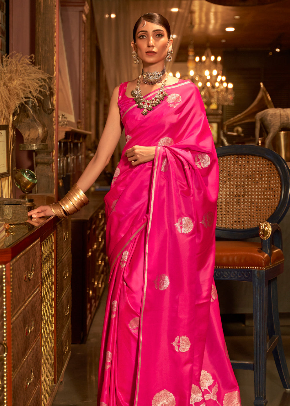 Winter Sky Pink Woven Banarasi Satin Silk Saree