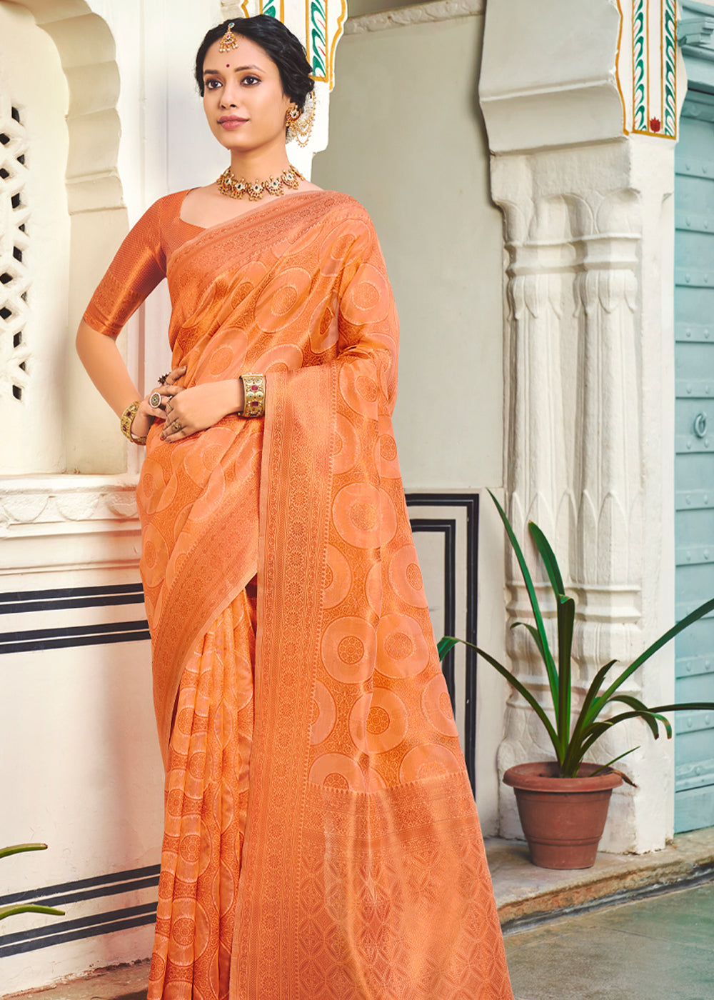 Navajo Peach Woven Banarasi Organza Silk Saree