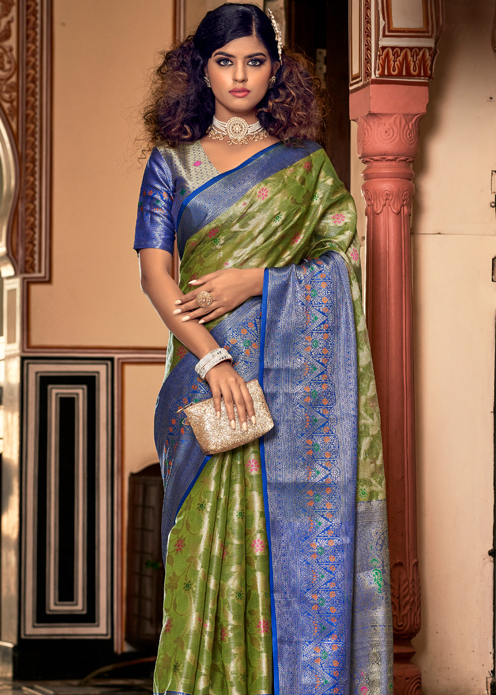 Sycamore Green and Blue Woven Banarasi Organza Silk Saree