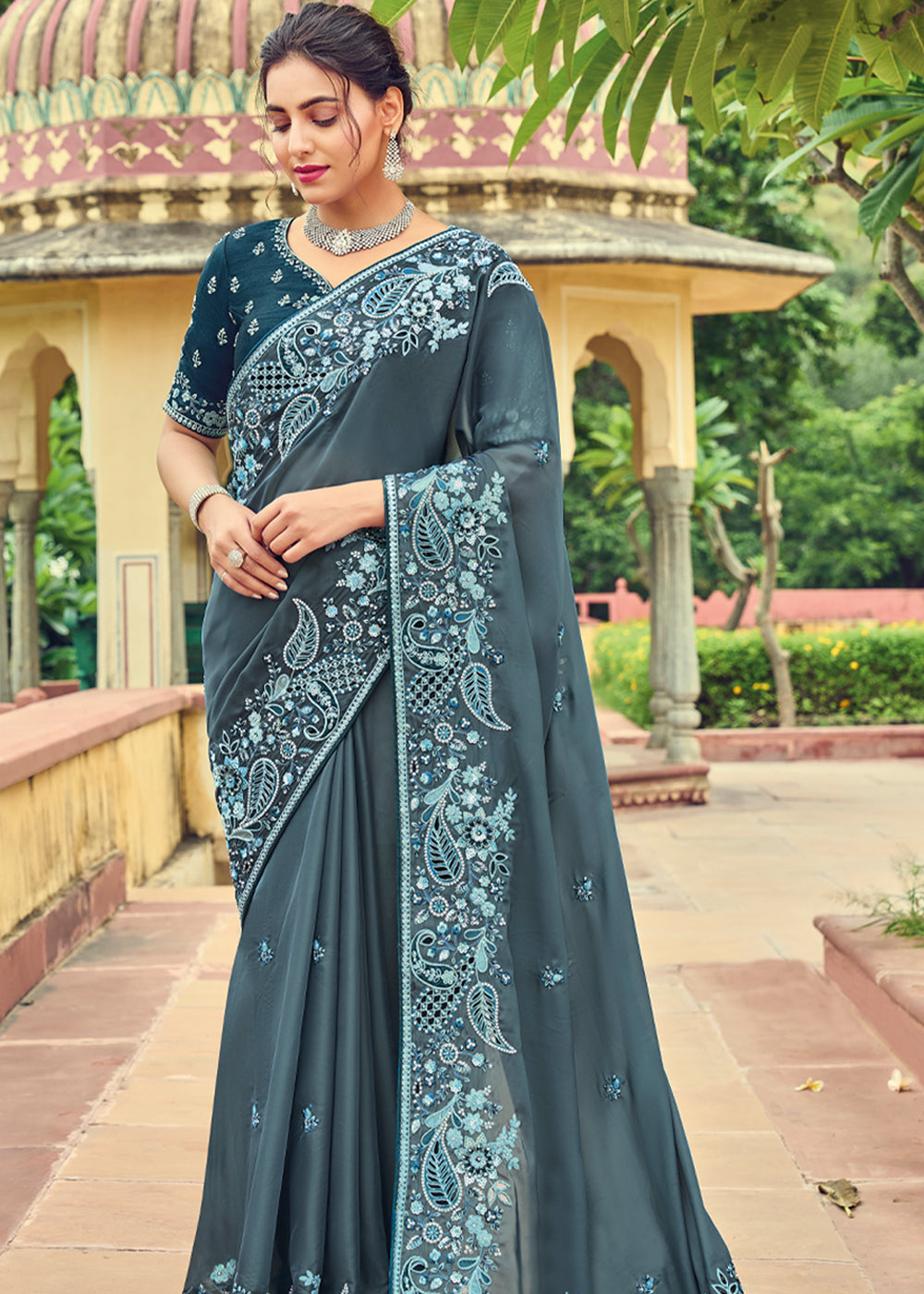 Oslo Grey Designer Embroidered Satin Silk Saree