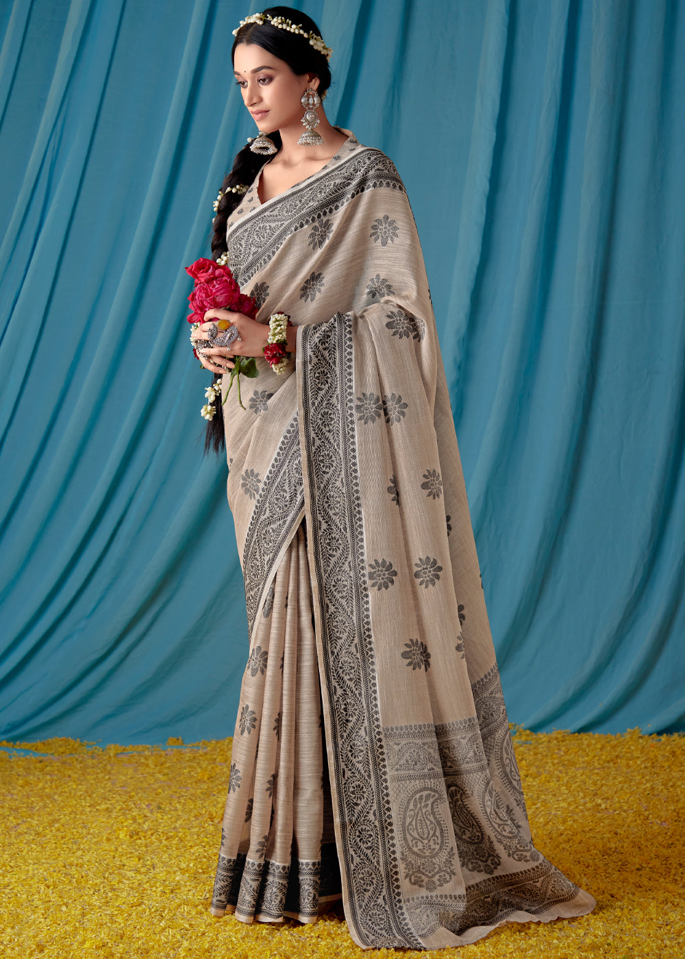 Bronco Grey Woven Banarasi Linen Silk Saree