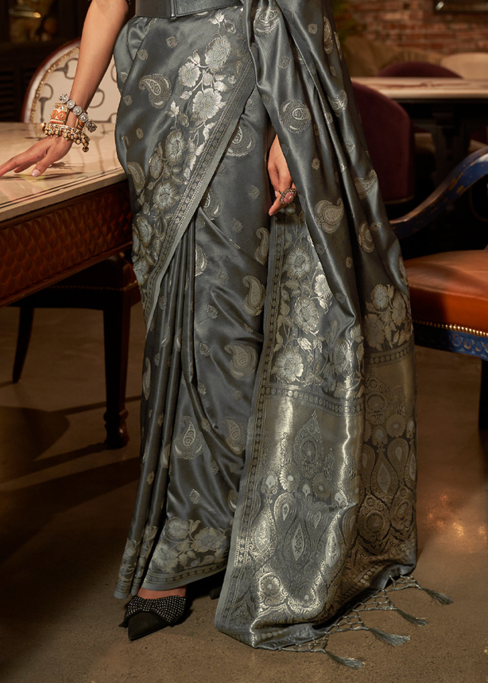 Flint Grey Banarasi Woven Satin Silk Saree