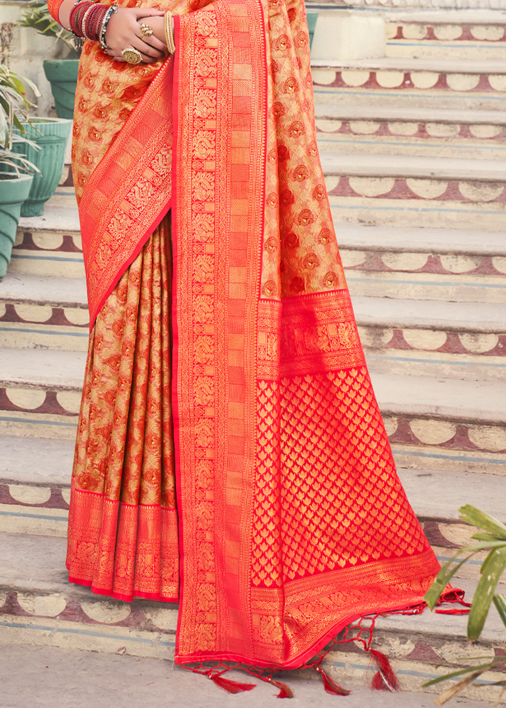 Coral Red Woven Kanjivaram Silk Saree