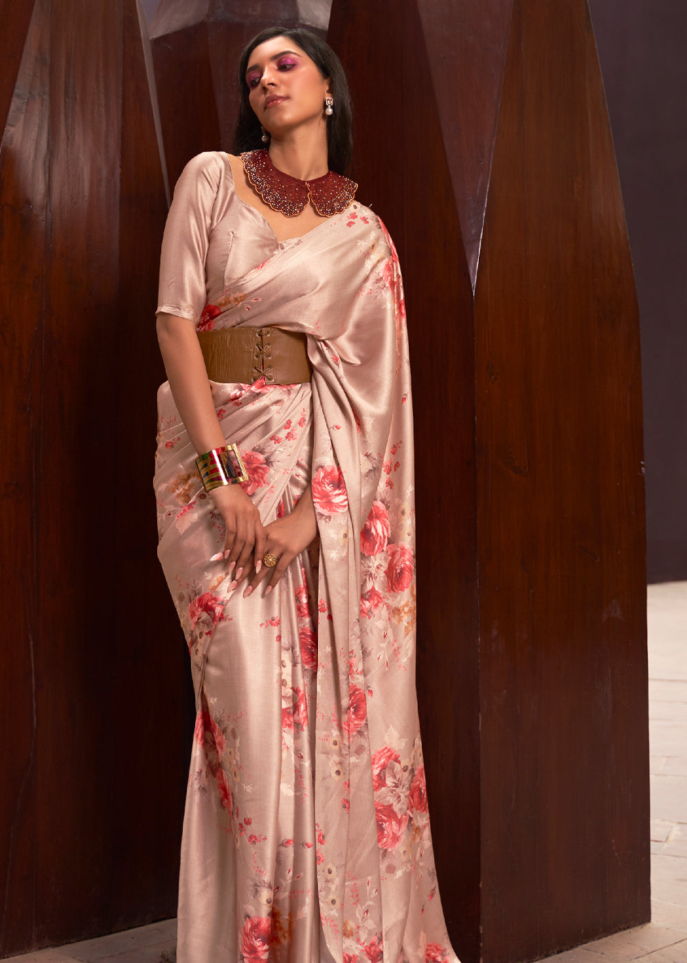 Tonys Peach Floral Printed Satin Silk Saree