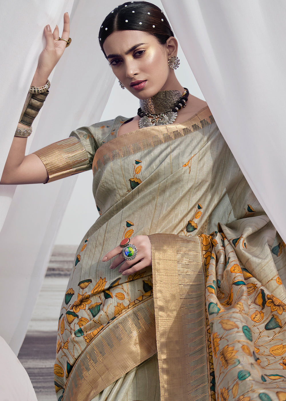 Nomad Grey Printed Designer Silk Saree