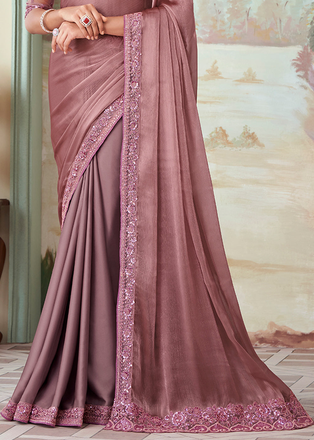 Pink Pearl Designer Embroidered Satin Silk Saree