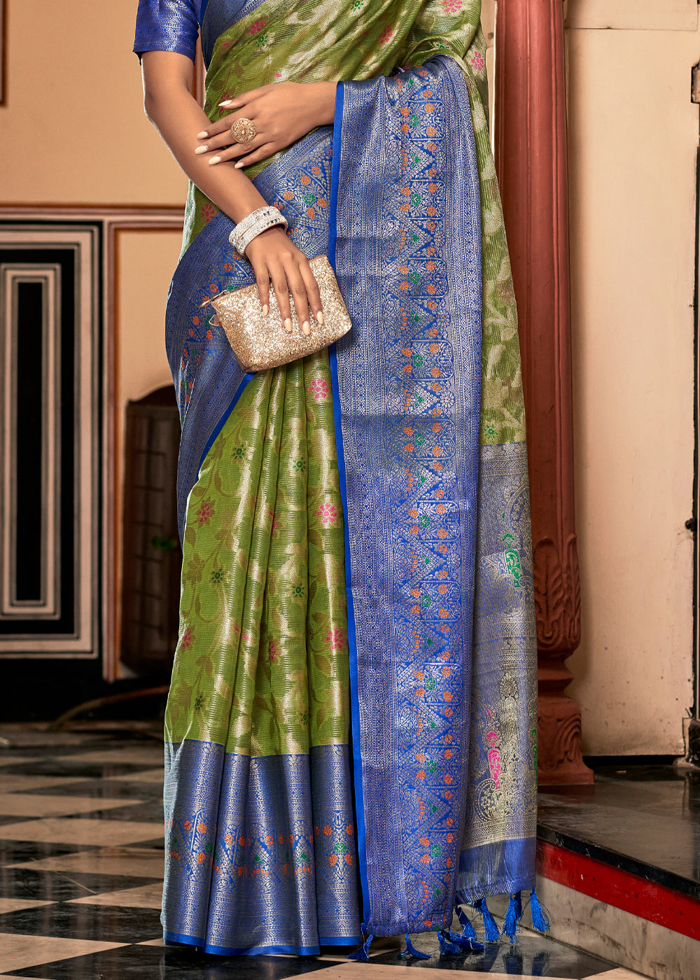 Sycamore Green and Blue Woven Banarasi Organza Silk Saree