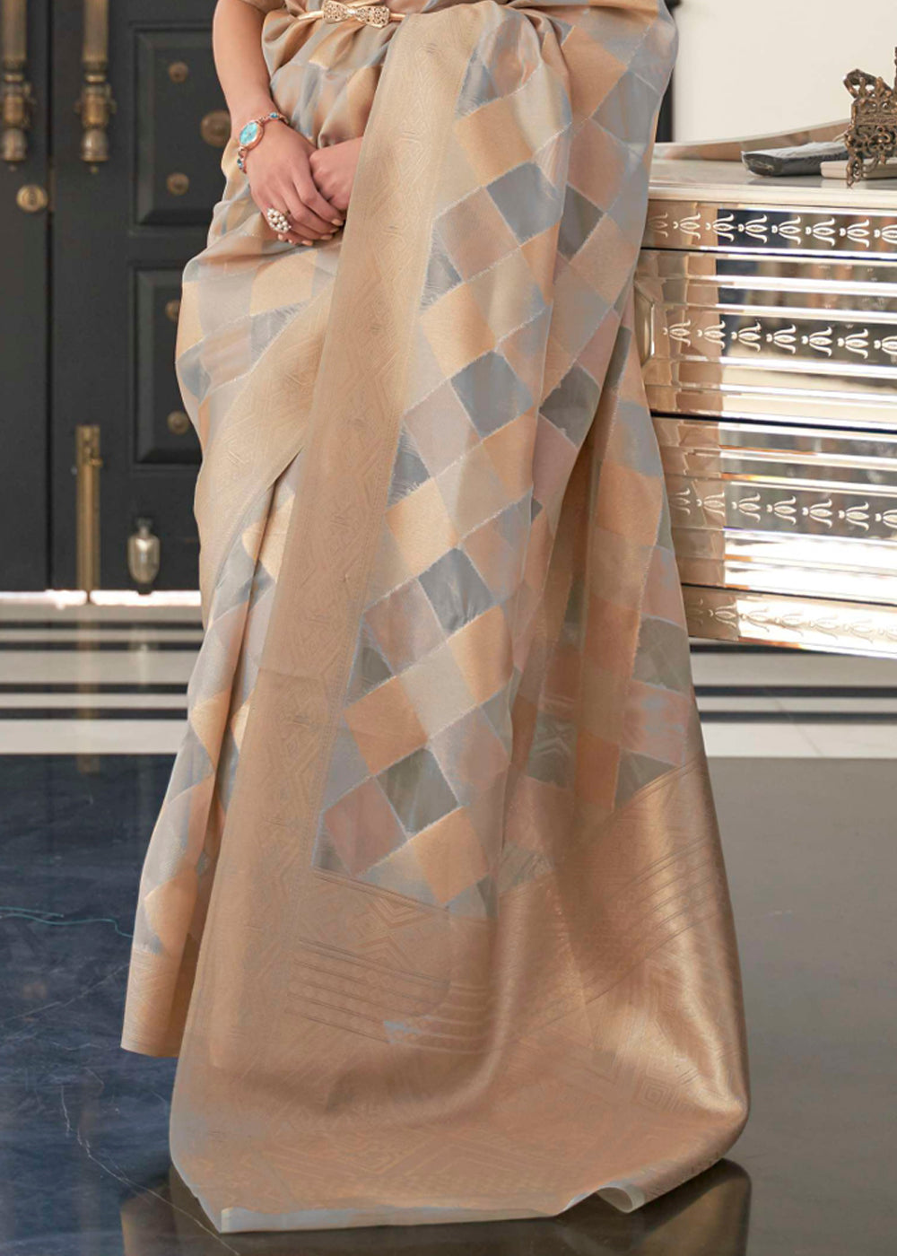 Mist Golden and Grey Woven Organza Banarasi Silk Saree