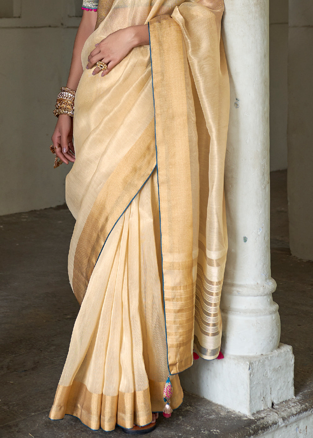 Gold Sand Cream Soft Tissue Organza Silk Saree