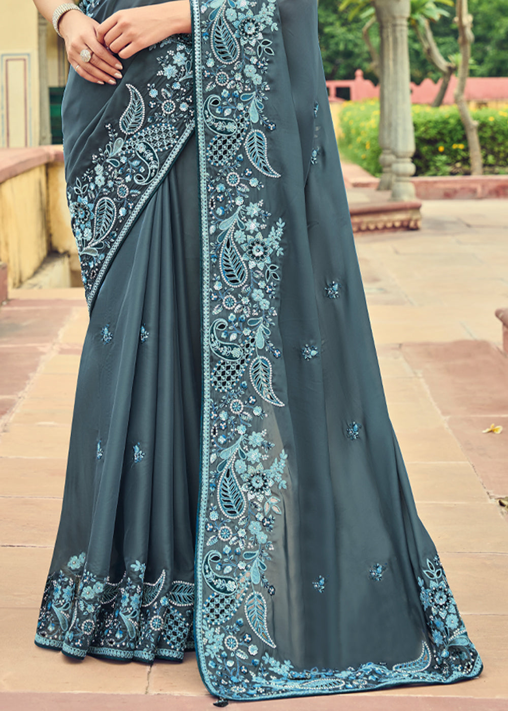 Oslo Grey Designer Embroidered Satin Silk Saree