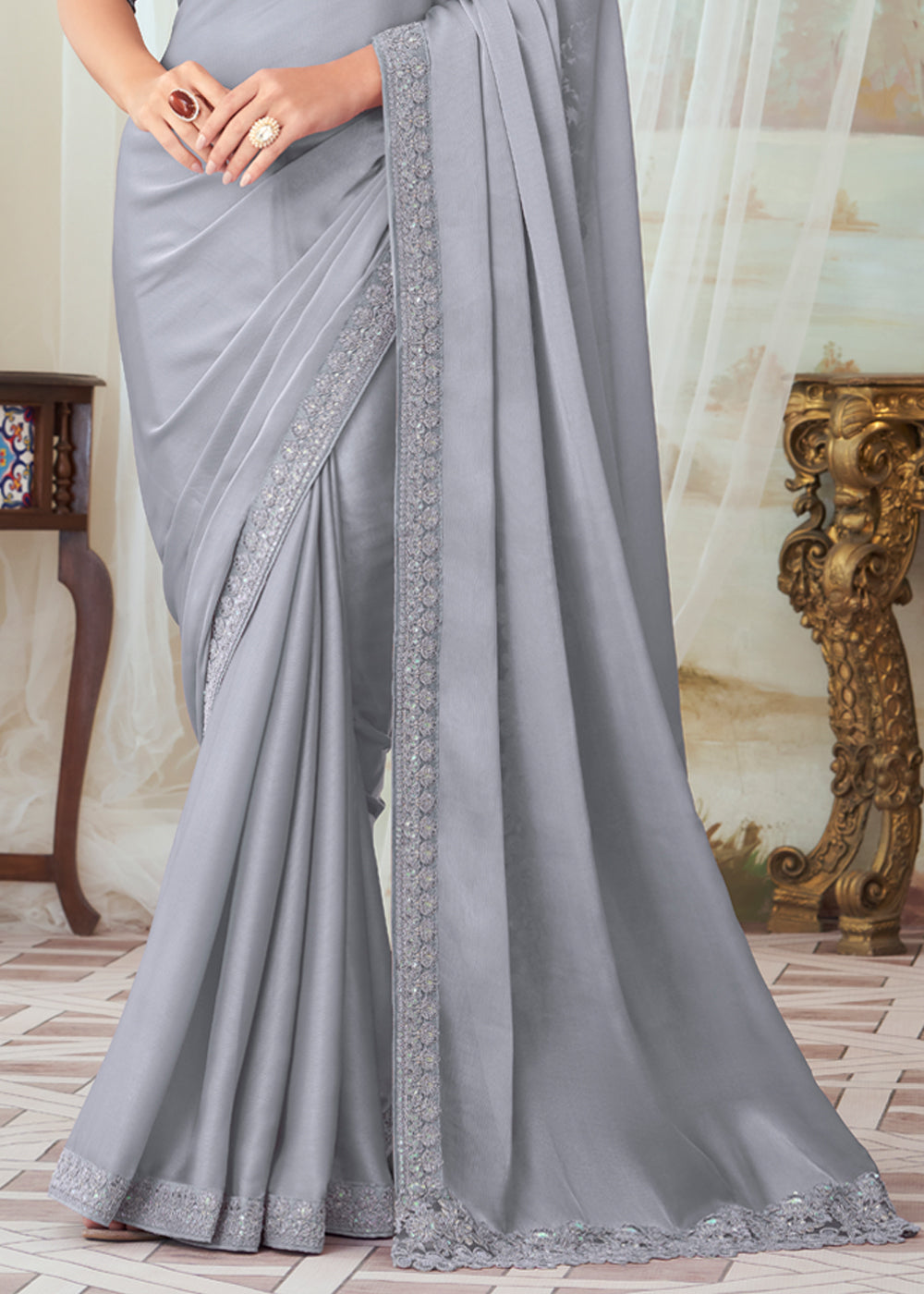 French Grey Woven Satin Silk Saree