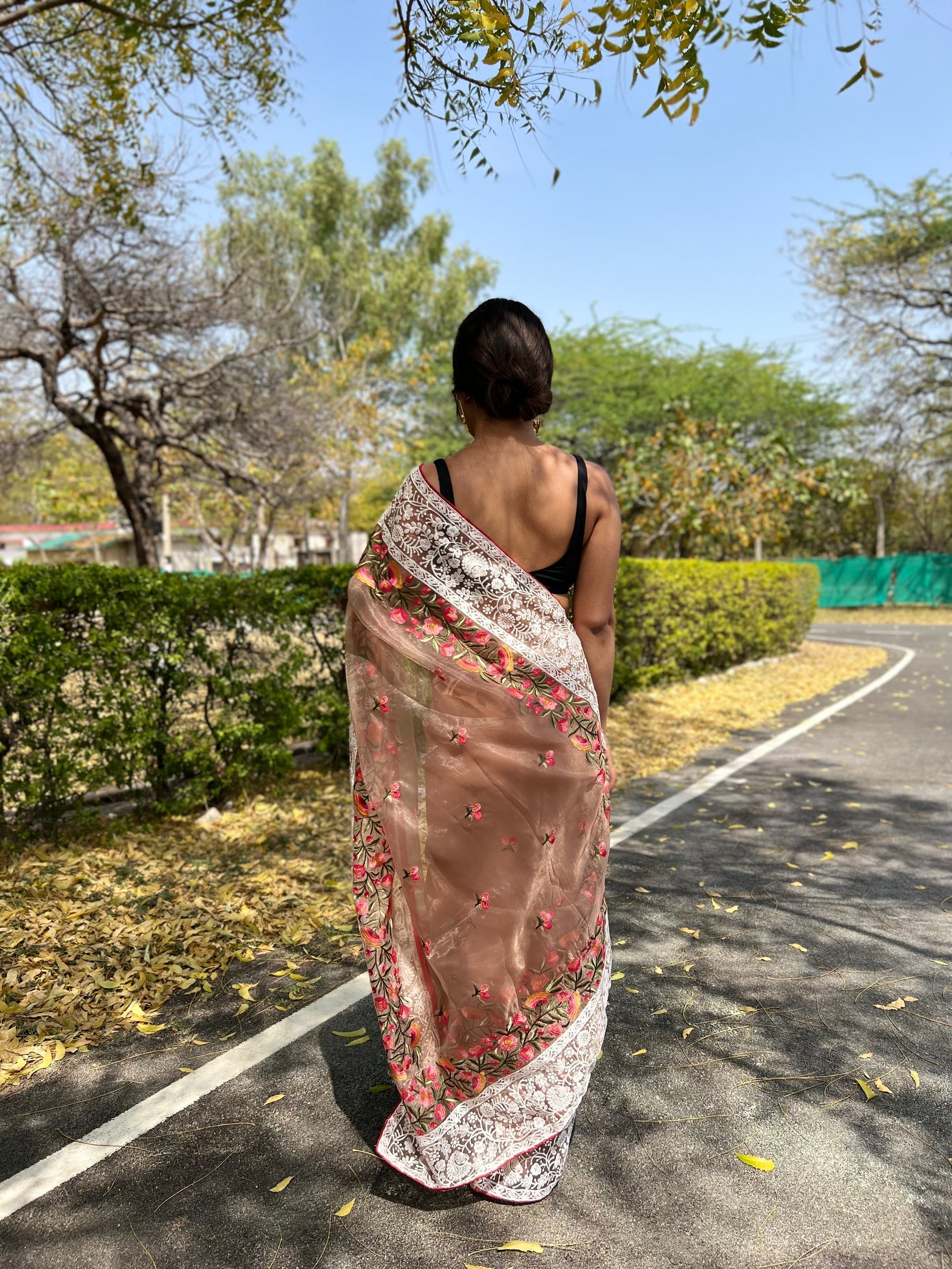 Light Orange Lucknowi Chikankari Organza Silk Saree